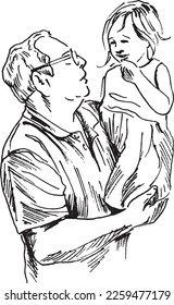 Hand sketch of grandfather with child. Vector illustration.