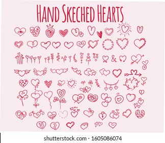 hand sketch heart vector  doodle heart  red  heart set, valentine heart