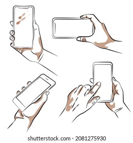 Hand sketch holding a smartphone - vector illustration