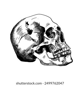 hand sketch of human skull - vector illustration, side view