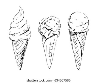 Hand Sketch Ice Cream in Cone. Vector illustration