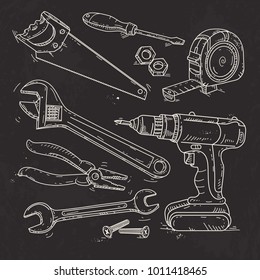 hand sketch icons set of carpentry tools on black background