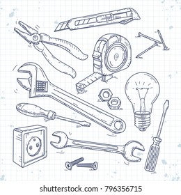 hand sketch icons set of carpentry tools, pliers, screwdriver, light bulb and the wrench