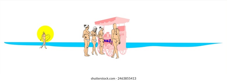 Hand sketch illustration of a food seller with a cart on the beach with a woman in a bikini on the beach