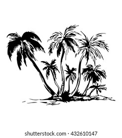 Hand sketch of the island with palm trees. Vector illustration