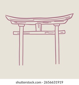 Esboço de mão de um portão torii japonês. Símbolo do templo xintoísta. Estilo oriental, minimalismo, ilustração arquitetônica.
