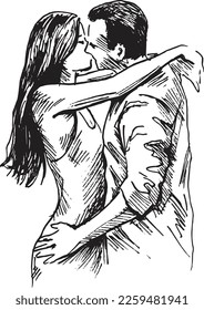 Hand sketch of kissing couple. Vector illustration.