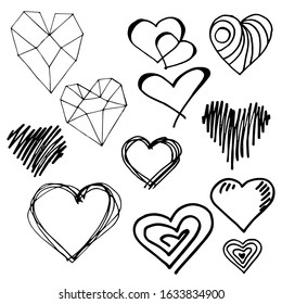 
Hand sketch. Line. A selection of drawings of hearts for Valentine's Day. Set