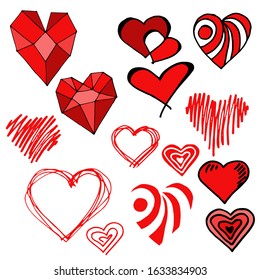 
Hand sketch. Line. A selection of drawings of hearts for Valentine's Day. Set