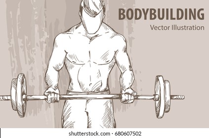 Hand sketch of a man with a barbell. Vector sport illustration. Graphic silhouette of the athlete on background design.