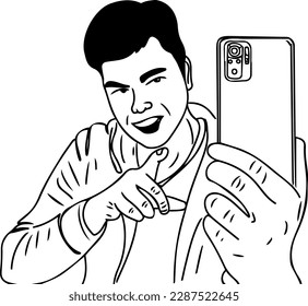 "Esbozo manual de un hombre revisando el último teléfono celular"
"Hombre portando un nuevo teléfono para la ilustración del vector de revisión"
