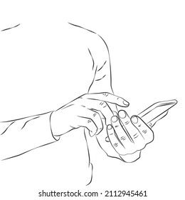 Esbozo manual de un hombre con un teléfono inteligente en blanco
