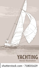 Hand sketch of the man on sailing boat on the sea. Vector sport illustration. Graphic silhouette of yacht on background design. Active people. Extreme lifestyle. Traveling.