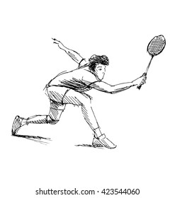 Hand sketch man playing badminton. Vector illustration