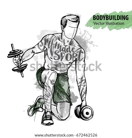 Hand sketch of a man is training with dumbbells. Vector sport illustration. Watercolor silhouette of the athlete with thematic words. Text graphics, lettering.