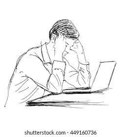 Hand sketch of a man working with computer. Vector illustration