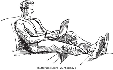 Hand sketch of a man working on a laptop. Vector illustration.