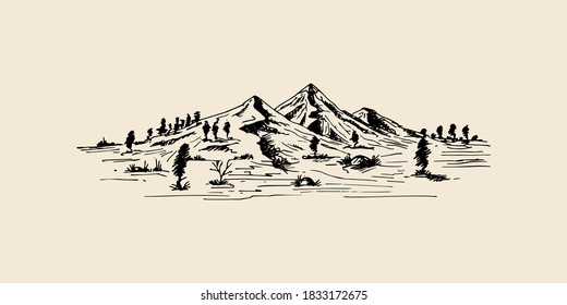 Esbozo manual. Vista de montaña con árboles