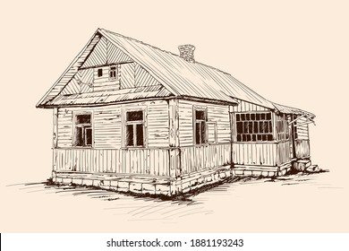 Hand sketch on a beige background. Old rustic wooden house on a stone foundation with a tiled roof.