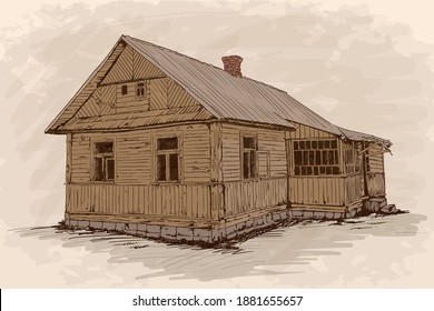 Hand sketch on a beige background. Old rustic wooden house on a stone foundation with a tiled roof.