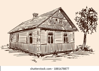Hand sketch on a beige background. Old rustic wooden house and tree near building.