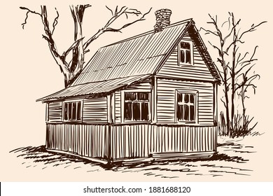 Esbozo manual sobre un fondo beige. Antigua casa rústica de madera y árbol cerca del edificio.