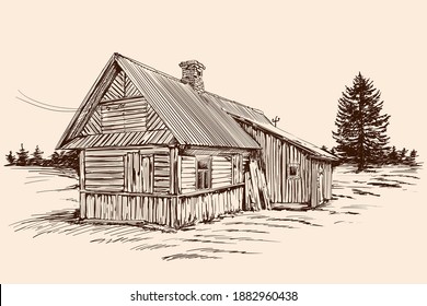 Hand sketch on a beige background. Old rustic wooden house in Russian style and spruce tree near building.