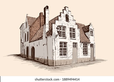 Hand sketch on a beige background.Old brick house with a tiled roof in European style.