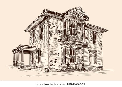 Hand sketch on a beige background. Abandoned old rustic wooden house on a stone foundation.