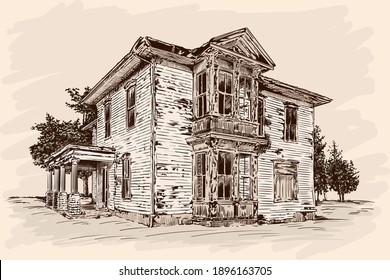 Hand sketch on a beige background. Abandoned old rustic wooden house on a stone foundation.
