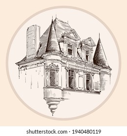 Hand sketch on a beige background.Old brick house with a tiled roof in European style.