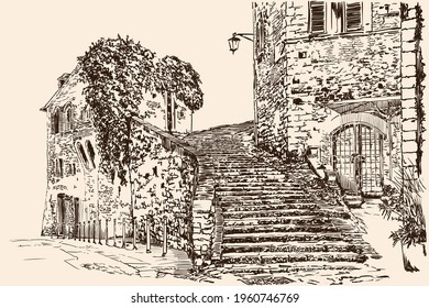 Hand sketch on a beige background. Old town street with stone stairs and brick houses.