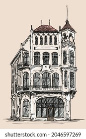 Hand sketch on a beige background.Old brick house with a tiled roof in European style.