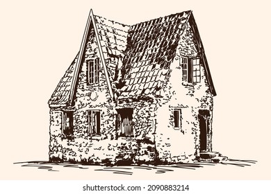 Hand sketch on a beige background. Old brick house with a tiled roof in European style.