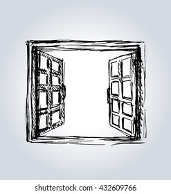 Hand Sketch An Open Window. Vector Illustration