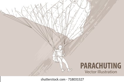 Hand sketch of parachuting athlete. Vector sport illustration. Graphic silhouette of the man with a parachute on background design. Active people. Extreme lifestyle.