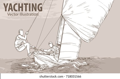 Hand sketch of people on sailing boat on the sea. Vector sport illustration. Graphic silhouette of yacht on background design. Active people. Extreme lifestyle. Traveling.