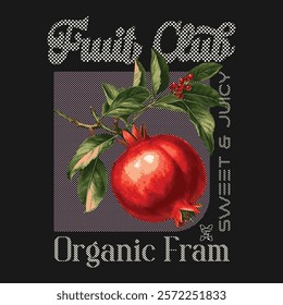 Hand sketch Pomegranate fruit artwork, Summer food poster design. Nature fruit club print design, Fresh pomegranate fruit print, Organic food artwork for for t-shirt, Fruit vintage t-shirt design