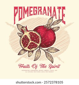 Hand sketch Pomegranate fruit artwork, Summer food poster design. Nature fruit club print design, Fresh pomegranate fruit print, Organic food artwork for for t-shirt, Fruit vintage t-shirt design