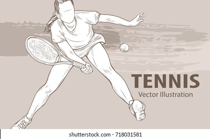 Hand sketch of professional tennis player. Vector sport illustration. Graphic silhouette of the girl athlete on background design. Active people. Recreation lifestyle. Women.