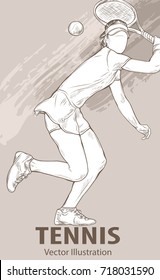 Hand sketch of professional tennis player. Vector sport illustration. Graphic silhouette of the girl athlete on background design. Active people. Recreation lifestyle. Women.