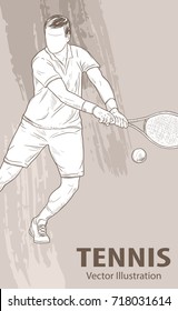 Hand sketch of professional tennis player. Vector sport illustration. Graphic silhouette of the guy athlete on background design. Active people. Recreation lifestyle. Men.