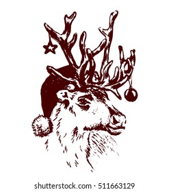 Hand sketch reindeer with Christmas hat and the decorations. Vector illustration