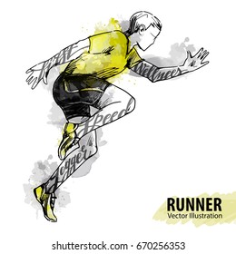 Hand sketch of a running man. Vector sport illustration. Watercolor silhouette of the athlete with thematic words. Text graphics, lettering.