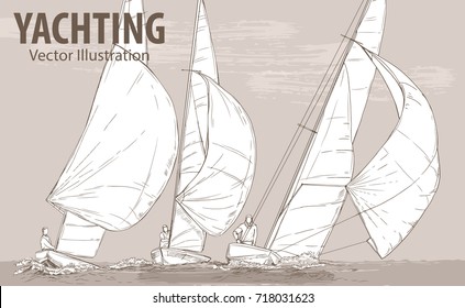 Hand sketch of sailing yachts regatta. Races in the sea. Vector sport illustration. Graphic silhouette of yachts on background design. Active people. Traveling. Extreme lifestyle.