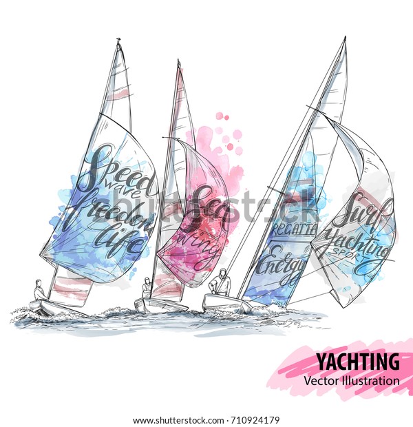 ヨットレガッタの手描き 海でのレース ベクタースポーツイラスト ヨットの水のシルエットと主題の言葉 テキストグラフィック 文字 活動的な人々 極端 旅行 のベクター画像素材 ロイヤリティフリー
