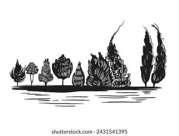 Hand sketch scenic natural trees. Simple, artistic, modern, minimalist, vector illustration of various trees and shrubs. Topics for garden, forest, eco-friendly, sustainability, and ink-etching.