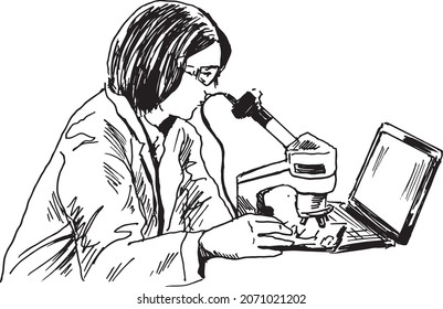 Hand sketch of a scientist at work. Vector illustration.