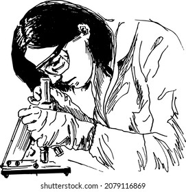 Hand sketch of a scientist at work. Vector illustration.