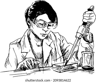 Hand sketch of a scientist at work. Vector illustration.